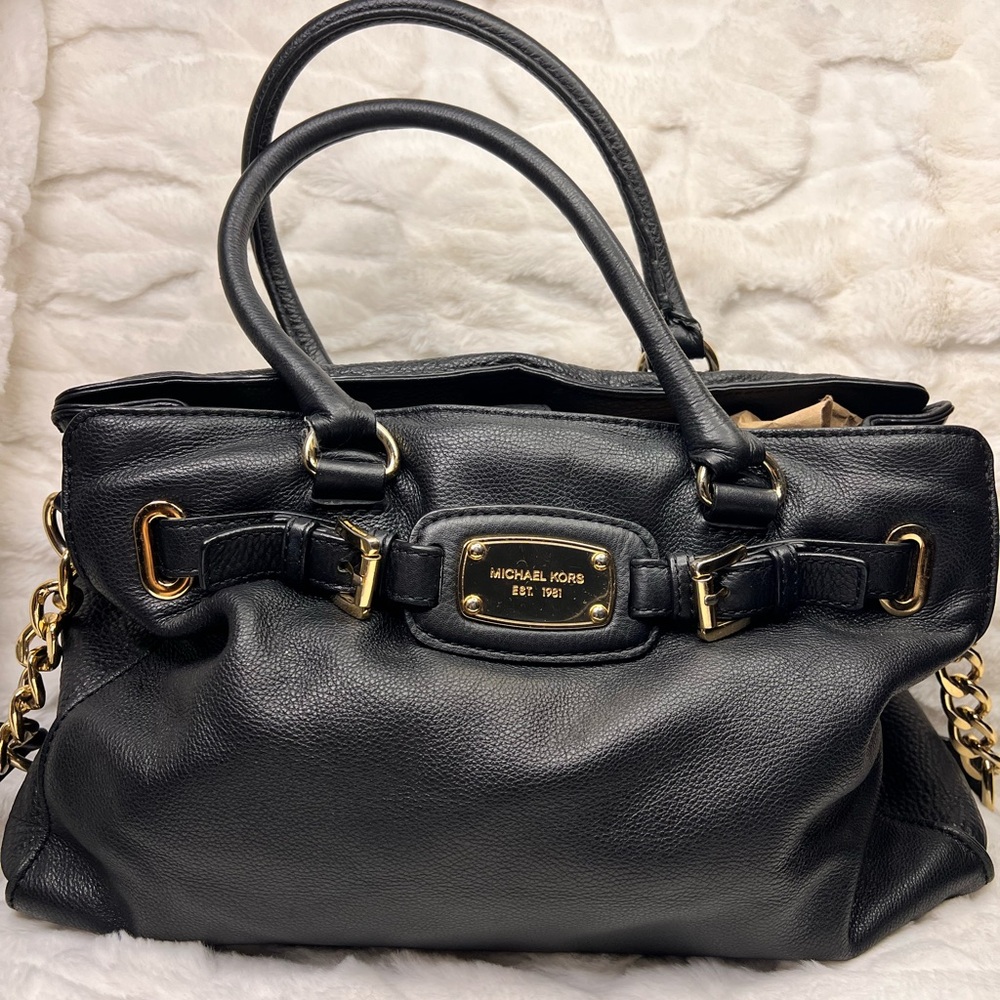 Michael Kors Black Leather Tote with Gold Hardware